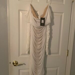 Fashion Nova Cream Ruched Off the Shoulder Bodycon Dress